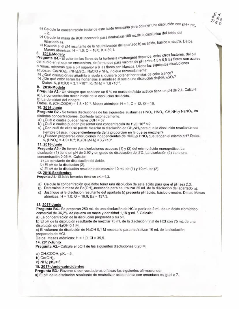 EJERCICIOS ÁCIDO-BASE
✓1. 2015-Modelo
Pregunta B4.- Se tiene 1 L de disolución de hidróxido de sodio cuyo pH es 13.
a) Calcule la cantidad (