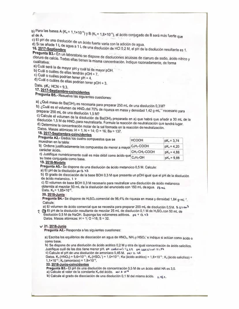 EJERCICIOS ÁCIDO-BASE
✓1. 2015-Modelo
Pregunta B4.- Se tiene 1 L de disolución de hidróxido de sodio cuyo pH es 13.
a) Calcule la cantidad (