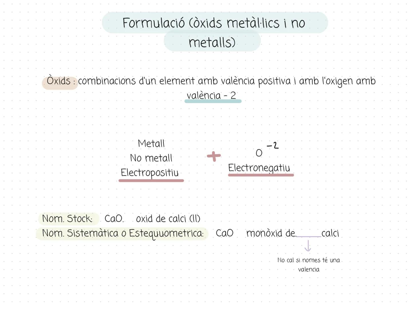 Formulació (òxids metàl·lics i no
metalls)
Òxids: combinacions d'un element amb valència positiva i amb l'oxigen amb
valència - 2
Metall
No 