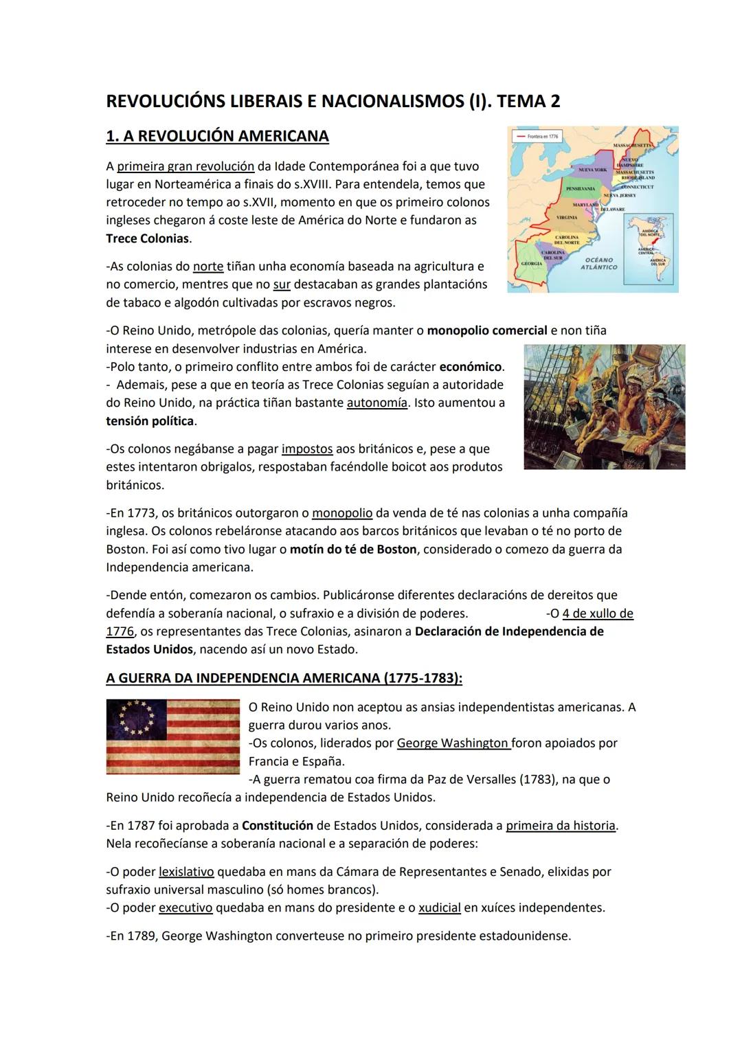 REVOLUCIÓNS LIBERAIS E NACIONALISMOS (1). TEMA 2
1. A REVOLUCIÓN AMERICANA
A primeira gran revolución da Idade Contemporánea foi a que tuvo

