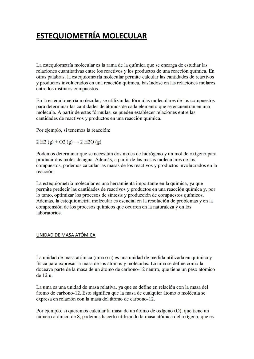 ESTEQUIOMETRÍA MOLECULAR
La estequiometría molecular es la rama de la química que se encarga de estudiar las
relaciones cuantitativas entre 