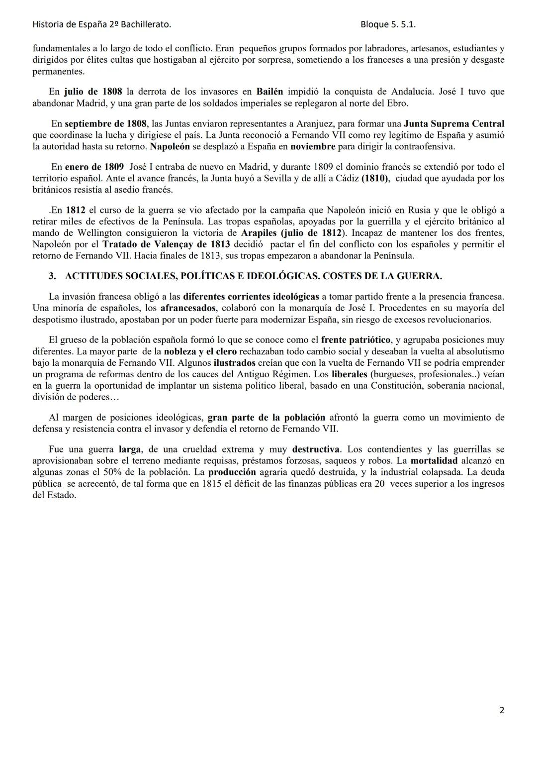 Historia de España 20 Bachillerato.
Bloque 5. 5.1.
5.1. LA GUERRA DE LA INDEPENDENCIA: ANTECEDENTES Y CAUSAS. BANDOS EN
CONFLICTO Y FASES DE