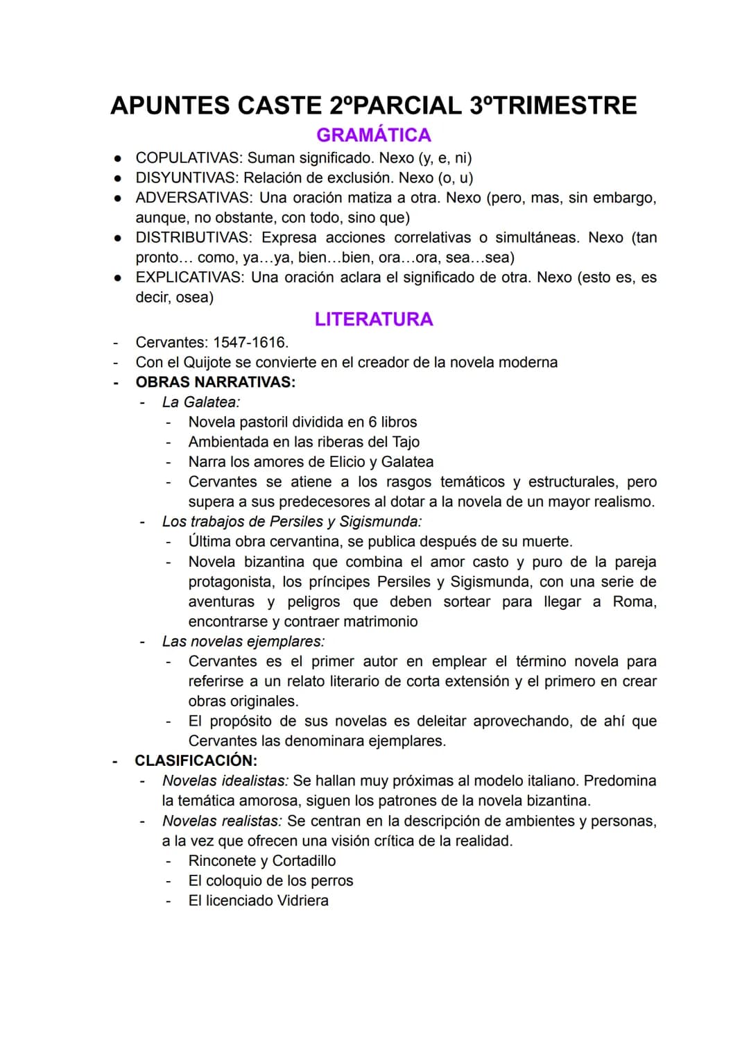 APUNTES CASTE 2°PARCIAL 3°TRIMESTRE
GRAMÁTICA
● COPULATIVAS: Suman significado. Nexo (y, e, ni)
DISYUNTIVAS: Relación de exclusión. Nexo (o,