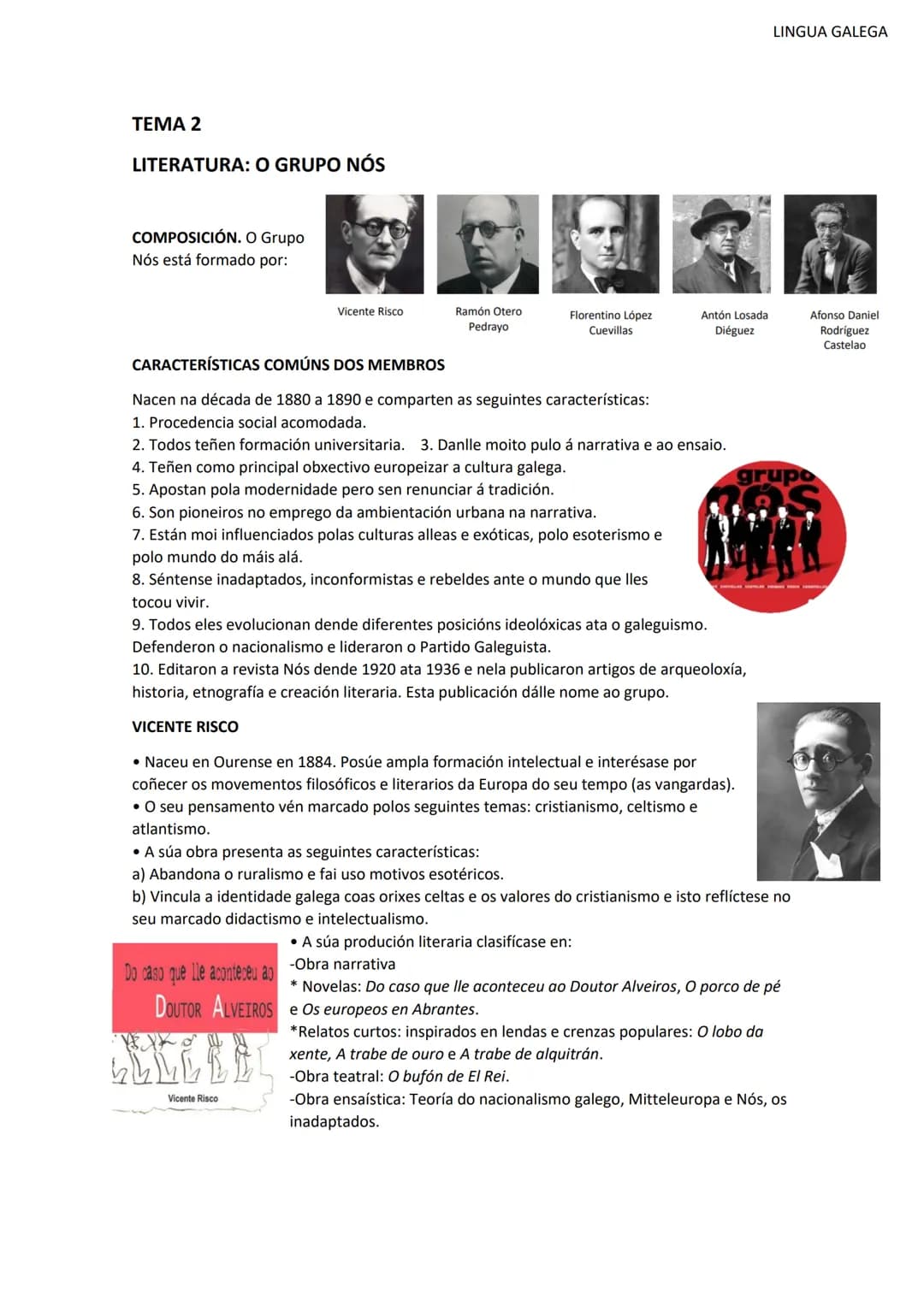 TEMA 2
LITERATURA: O GRUPO NÓS
COMPOSICIÓN. O Grupo
Nós está formado por:
Vicente Risco
Ramón Otero
Pedrayo
CARACTERÍSTICAS COMÚNS DOS MEMBR