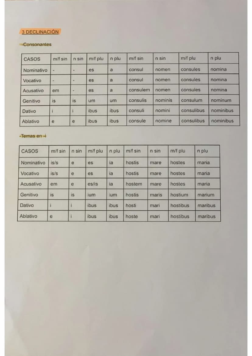 DECLINACIONES EN LATÍN
1 DECLINACIÓN
CASOS
Nominativo a
Vocativo
Acusativo
Genitivo
Dativo
Ablativo
CASOS
Vocativo
SING PLUR SING
Dativo
Abl
