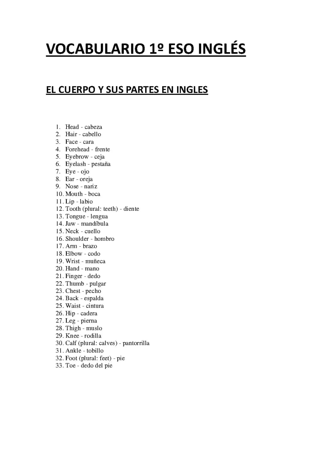 VOCABULARIO 1º ESO INGLÉS