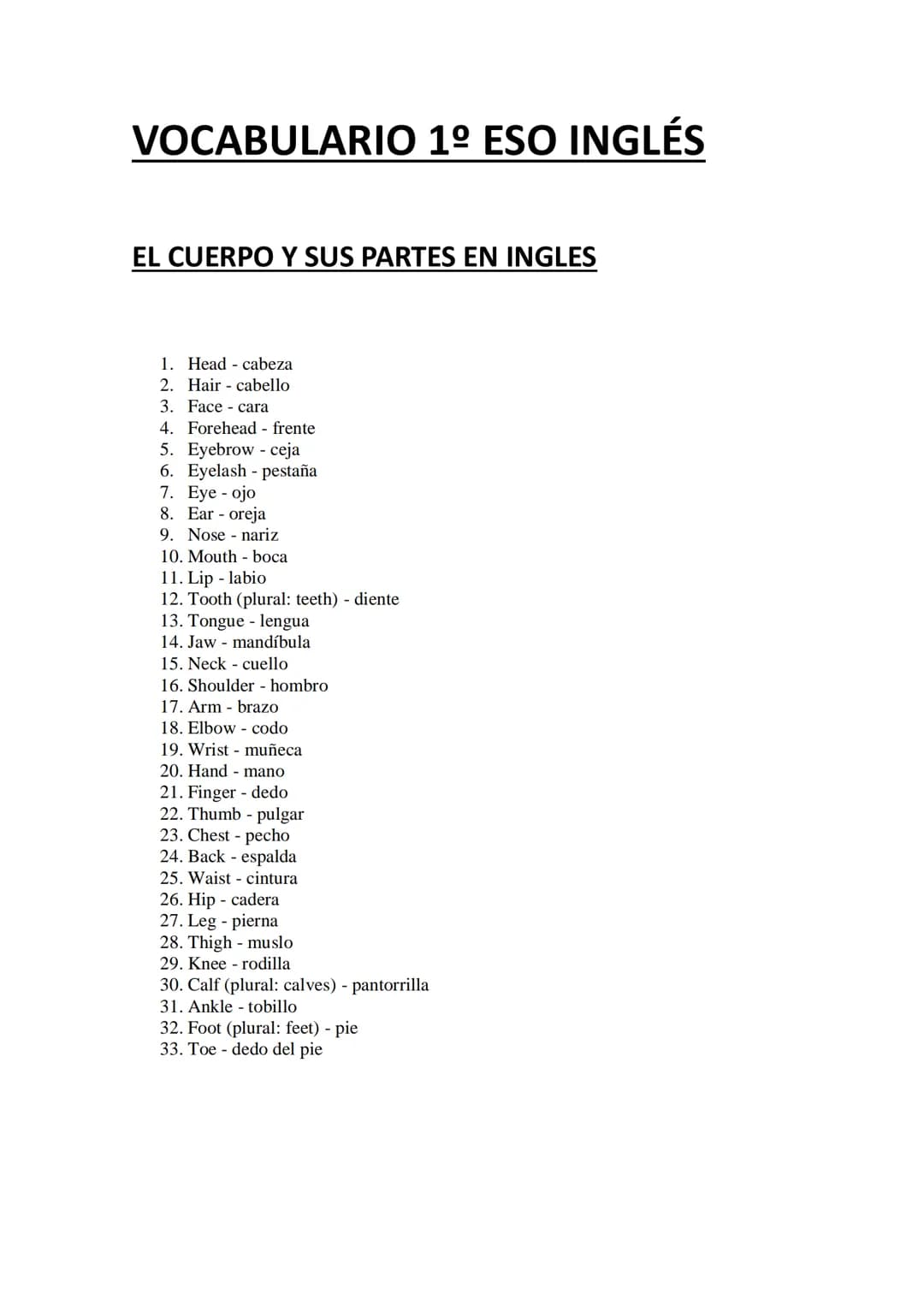 VOCABULARIO 1º ESO INGLÉS
EL CUERPO Y SUS PARTES EN INGLES
1. Head cabeza
2. Hair cabello
3. Face cara
4. Forehead - frente
5.
Eyebrow ceja
