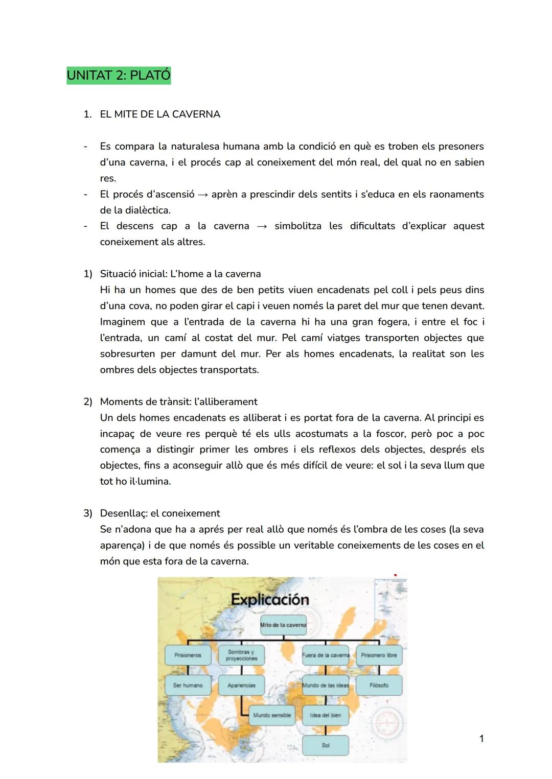 # UNITAT 2: PLATÓ

1. EL MITE DE LA CAVERNA

- Es compara la naturalesa humana amb la condició en què es troben els presoners
d'una caverna,