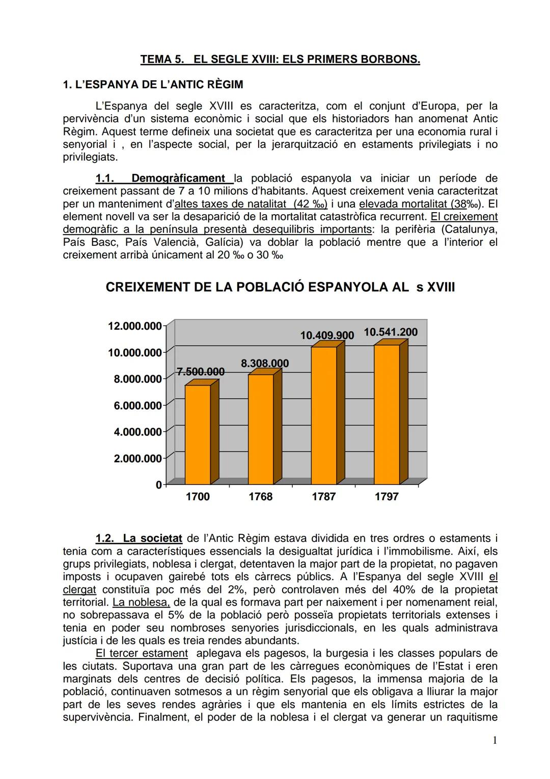 TEMA 5. EL SEGLE XVIII: ELS PRIMERS BORBONS.

1. L'ESPANYA DE L'ANTIC RÈGIM

L'Espanya del segle XVIII es caracteritza, com el conjunt d'Eur