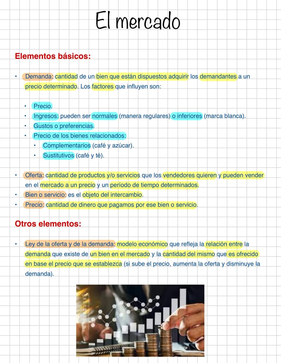 Elementos básicos:
●
●
●
Demanda: cantidad de un bien que están dispuestos adquirir los demandantes a un
precio determinado. Los factores qu