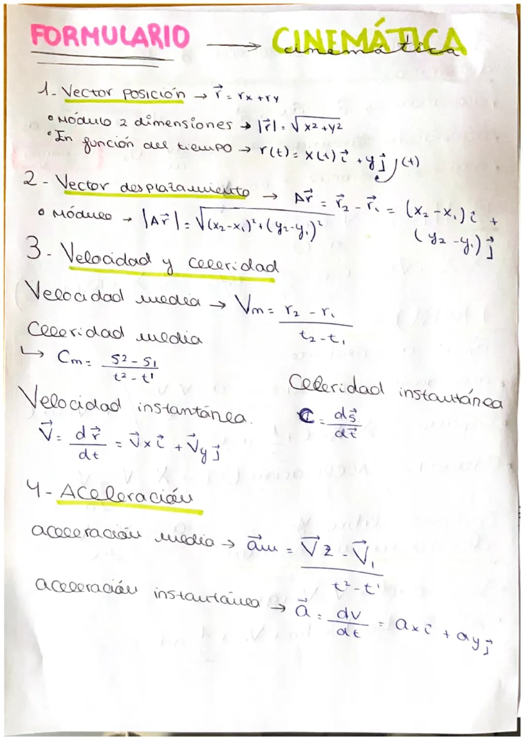 FORMULARIO
1. Vector posición → = √x+₁
+YY
• Módulo 2 dimensiones 1r1= √√ x² + y²
•In
CINEMÁTICA
función del tiempo → r(t) = X(+)2
→
3- Velo