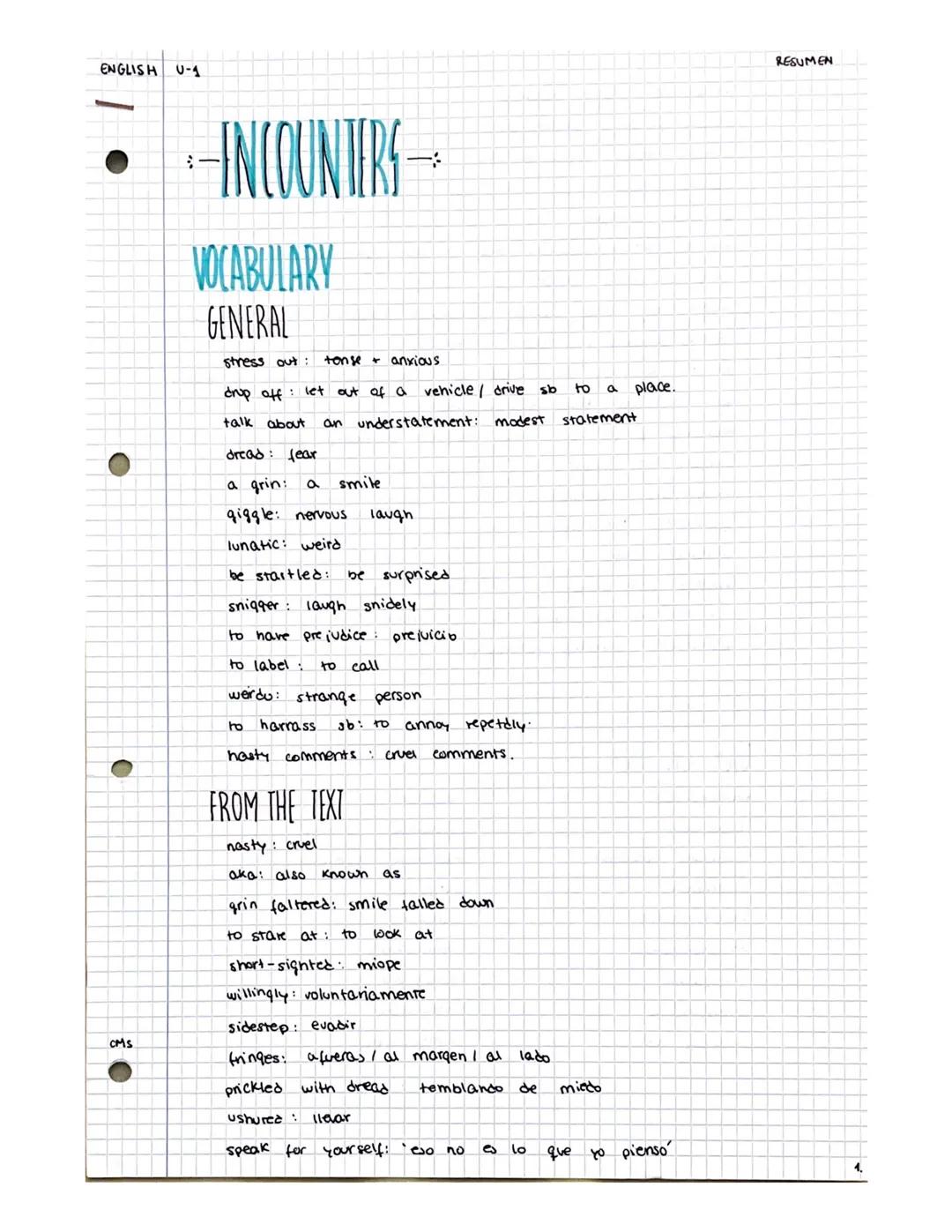 ENGLISH U-1

INCOUNTERS

VOCABULARY
GENERAL
stress out tonse + απχίους
drop off let out of a vehicle/ drive sb to a place.
talk about an und