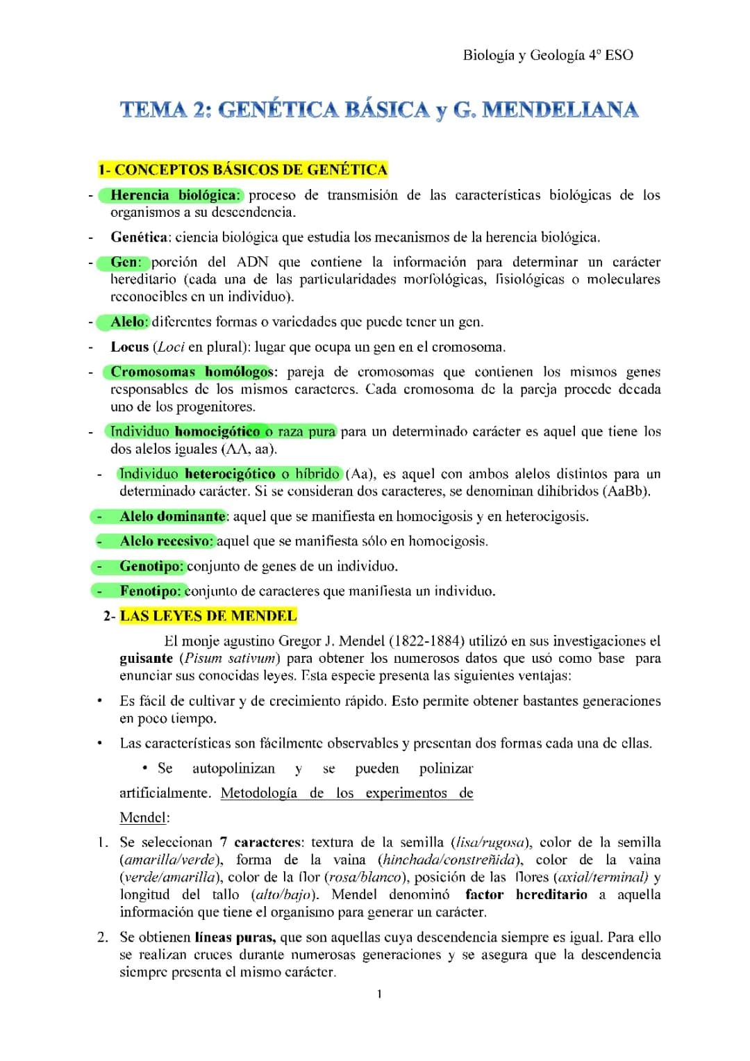 Conceptos Básicos de Genética y Leyes de Mendel para 4º ESO