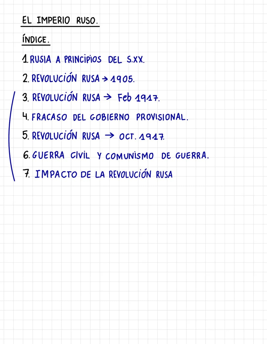 EL IMPERIO RUSO.
ÍNDICE.
1. RUSIA A PRINCIPIOS DEL S.XX.
2. REVOLUCIÓN RUSA → 1905.
3. REVOLUCIÓN RUSA → Feb 1917.
4. FRACASO DEL GOBIERNO P