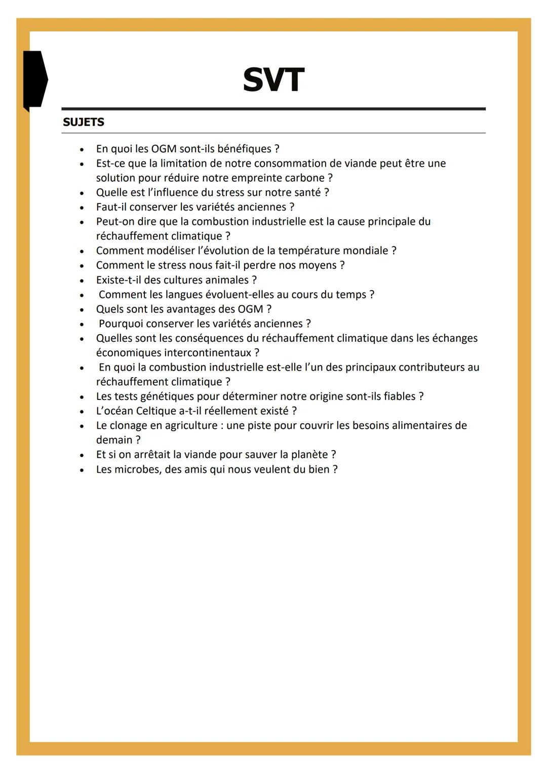 # SVT

SUJETS

- En quoi les OGM sont-ils bénéfiques ?
- Est-ce que la limitation de notre consommation de viande peut être une
solution pou