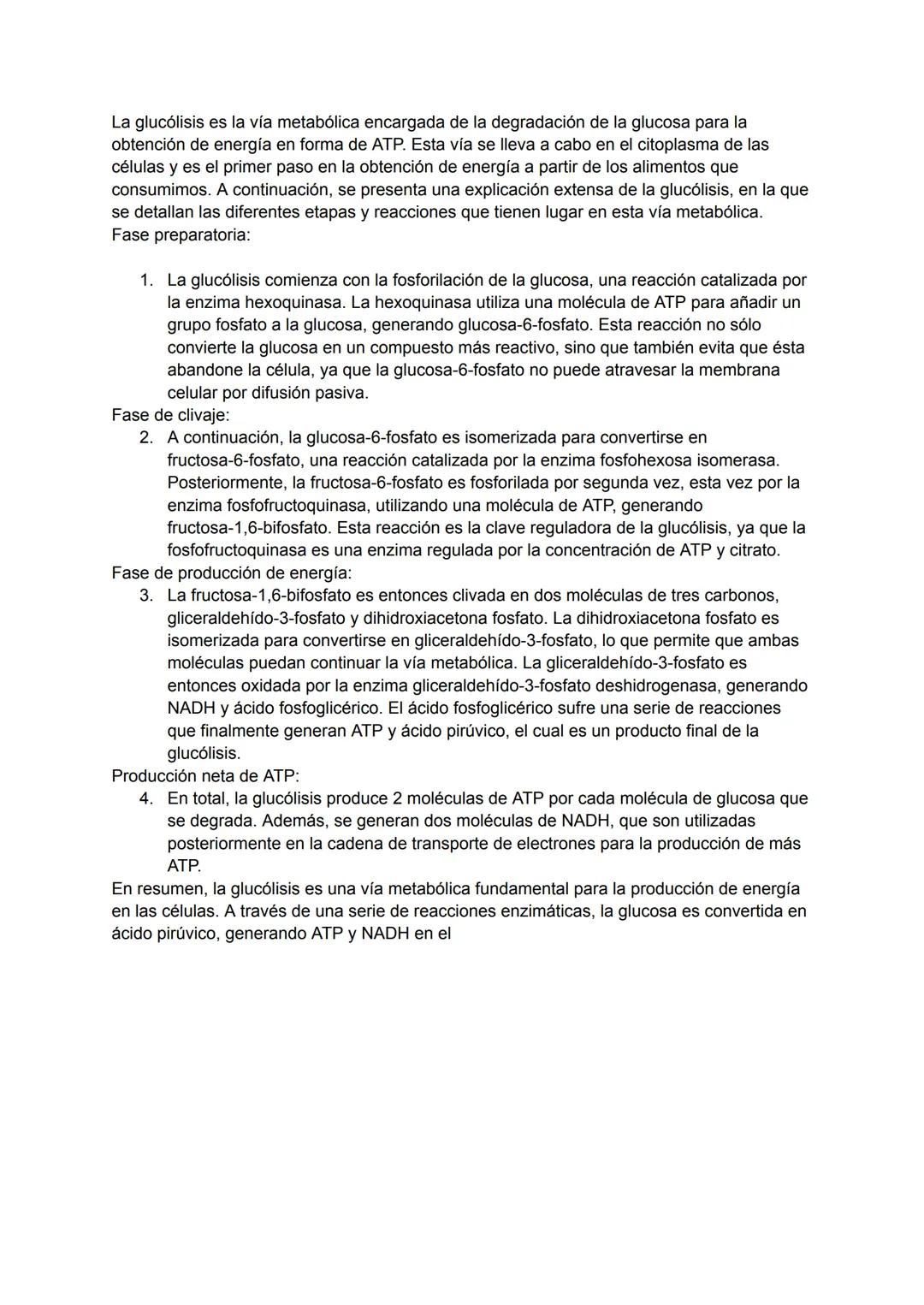 La glucólisis es la vía metabólica encargada de la degradación de la glucosa para la
obtención de energía en forma de ATP. Esta vía se lleva