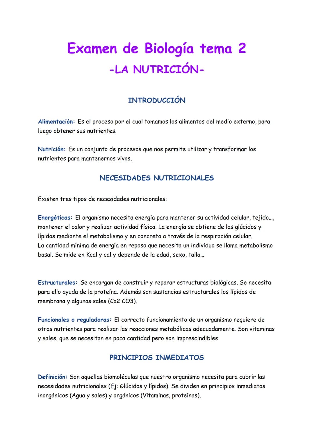 Examen de Biología tema 2
-LA NUTRICIÓN-
INTRODUCCIÓN
Alimentación: Es el proceso por el cual tomamos los alimentos del medio externo, para
