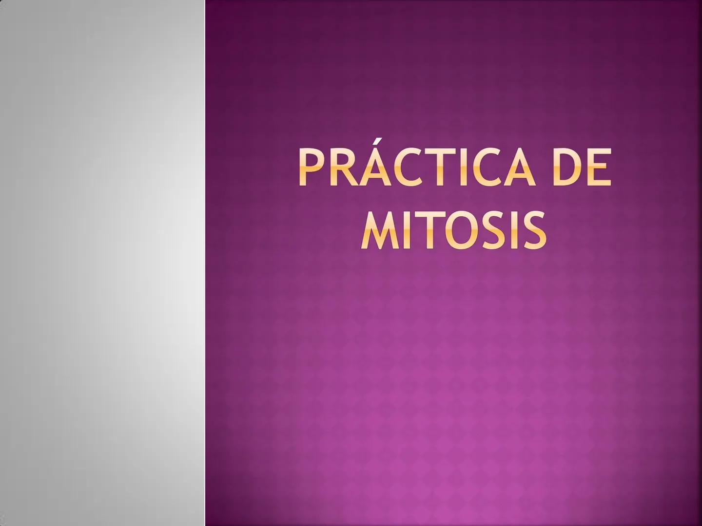PRÁCTICA DE
MITOSIS ¿QUÉ ES LA MITOSIS?
• Proceso por el cual una sola célula parental
se divide para producir dos células hijas.
Cada célul