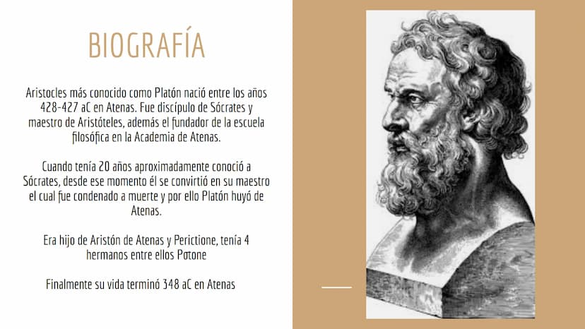 ARISTOCLES ÍNDICE
BIOGRAFÍA
ONTOLOGÍA
MITO DE LA CAVERNA
ESTADO PLATÓNICO BIOGRAFÍA
Aristocles más conocido como Platón nació entre los años