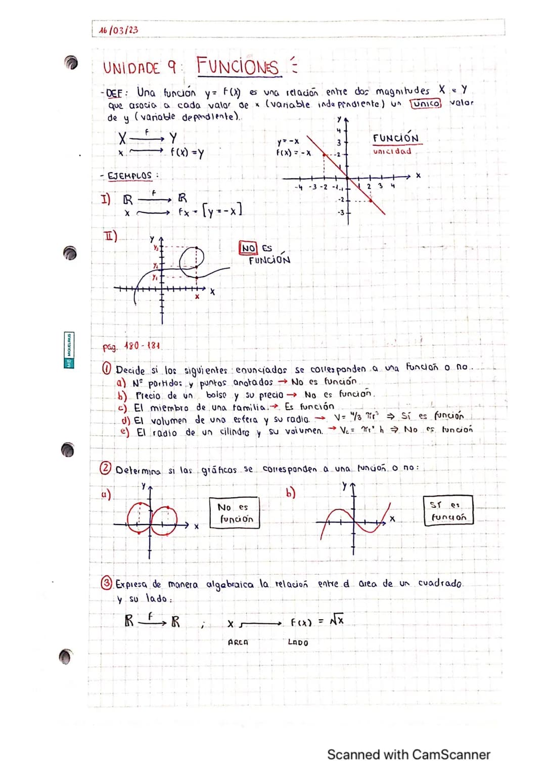 16/03/23
UNIDADE 9 FUNCIONS E
-DEF: Una función y = F(X) es una relación entre dos magnitudes X e Y
que asocia a cada valar de x (variable i