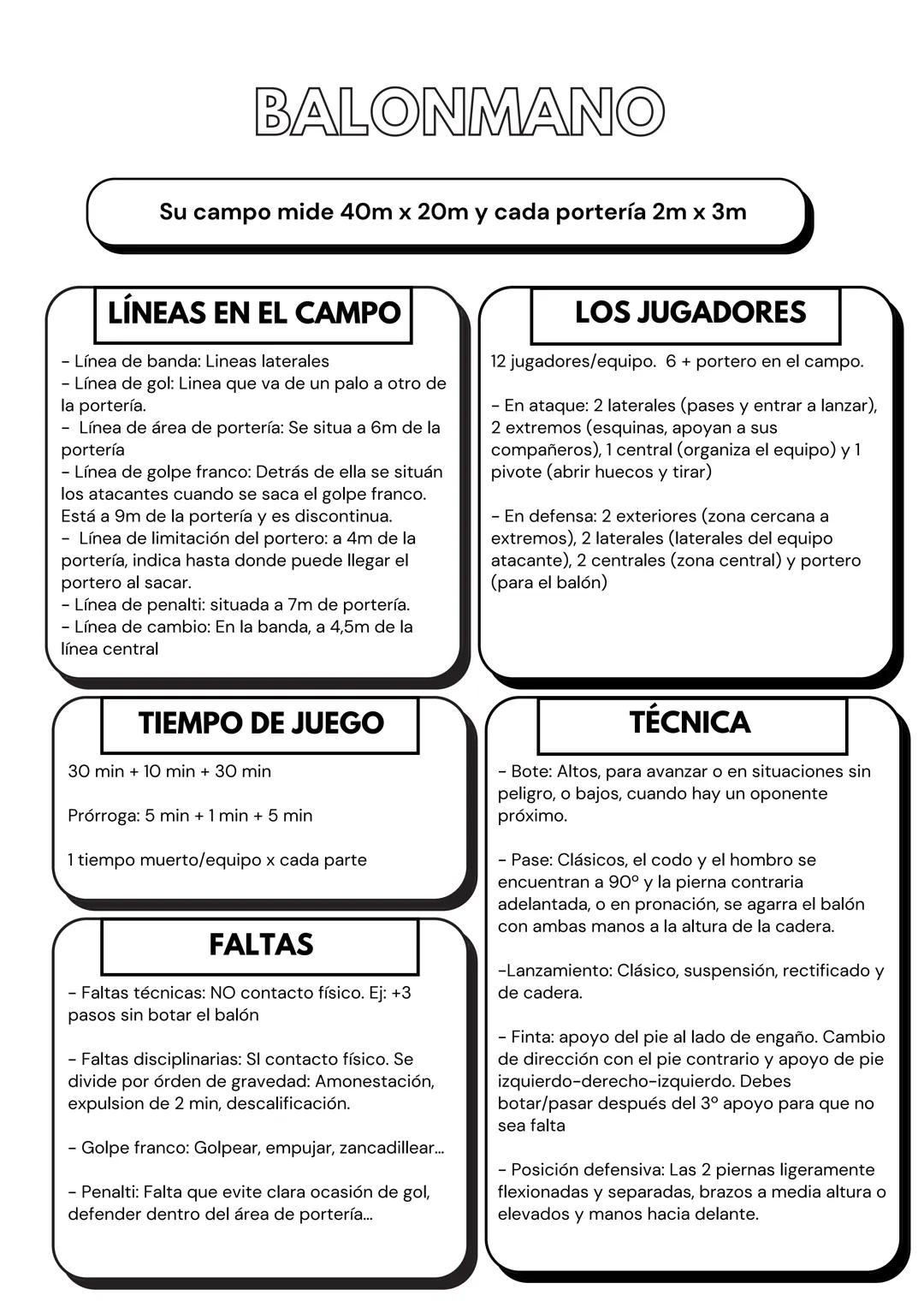 BALONMANO
Su campo mide 40m x 20m y cada portería 2m x 3m
LÍNEAS EN EL CAMPO
- Línea de banda: Lineas laterales
- Línea de gol: Linea que va