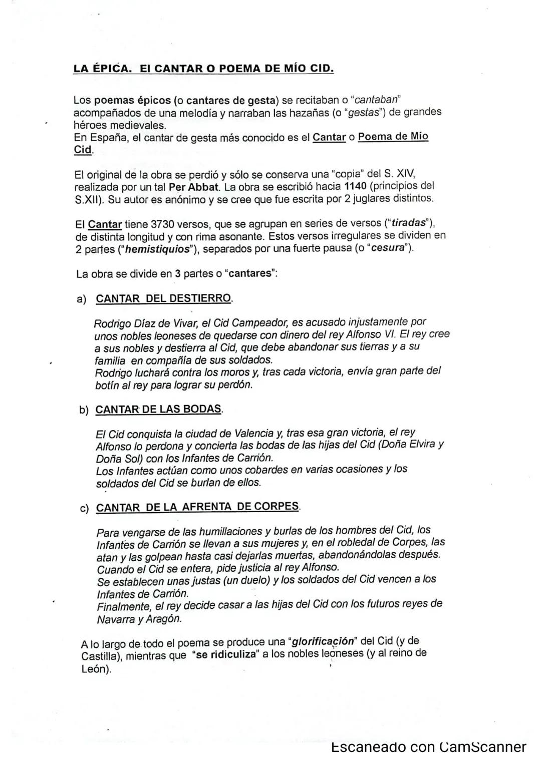 # LA ÉPIĆA. EI CANTAR O POEMA DE MÍO CID.

Los poemas épicos (o cantares de gesta) se recitaban o "cantaban"
acompañados de una melodía y na