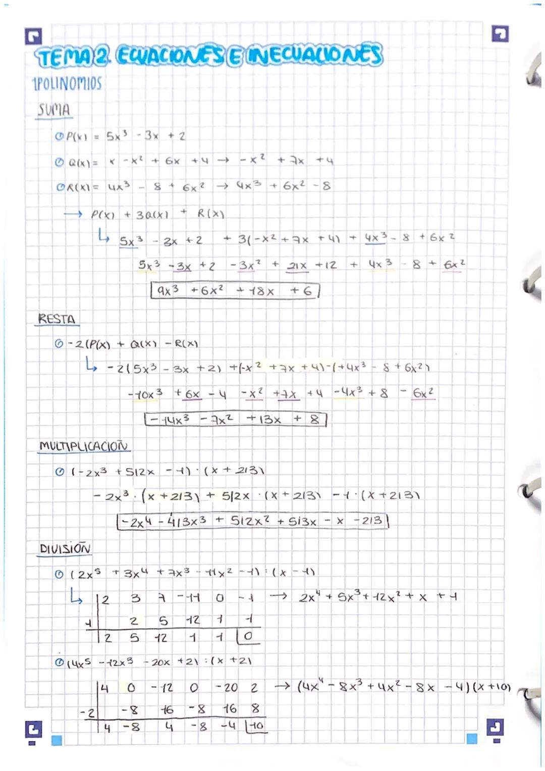 TEMA 2 ELACIONES EINECUACIONES
1POLINOMIOS
SUMA
OP(x) = 5x³ - 3x + 2
Ⓒ Q(x) =
OR(X) = 4x³ 8 + 6x² → 4x3 +
+ R (X)
→ P(X) +3Q(x)
L
RESTA
x-x²