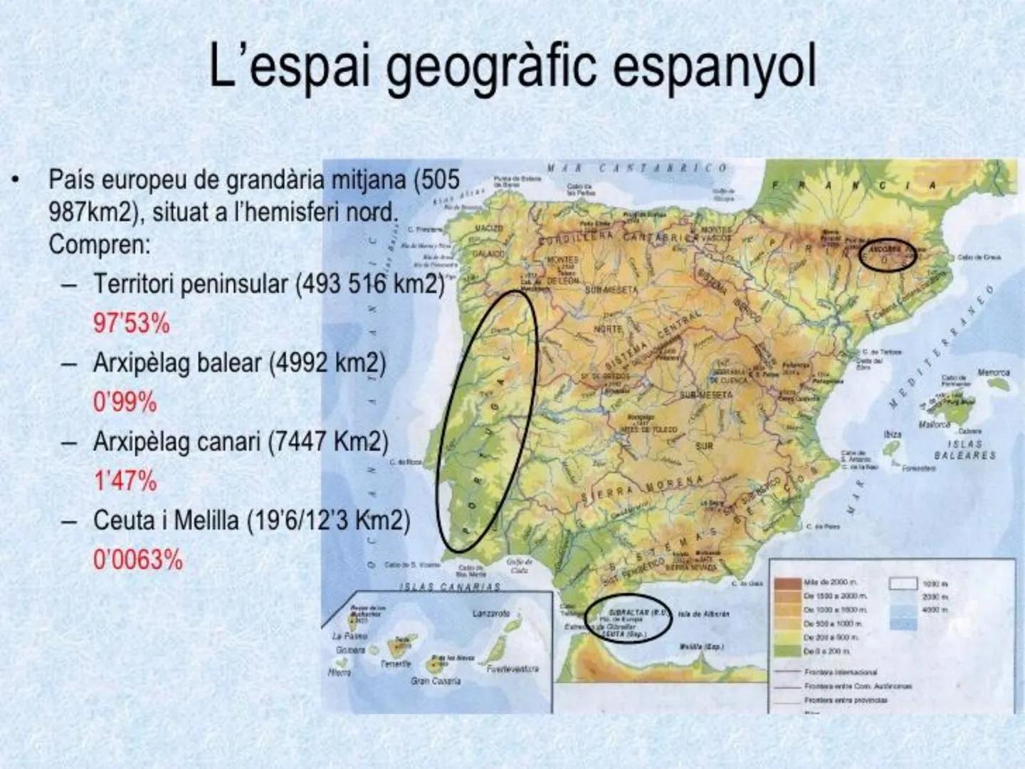 # Tema 1.

L'espai geogràfic
espanyol: diversitat
geomorfològica # L'espai geogràfic espanyol

*   País europeu de grandària mitjana (505
98