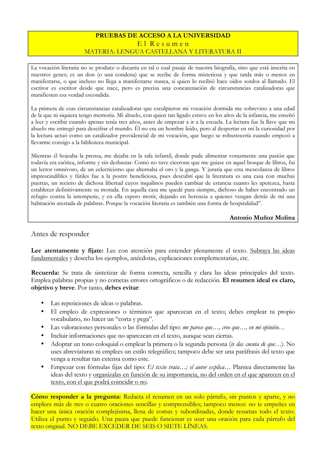 # PRUEBAS DE ACCESO A LA UNIVERSIDAD
## El Resumen
### MATERIA: LENGUA CASTELLANA Y LITERATURA II

La vocación literaria no se produce o dec