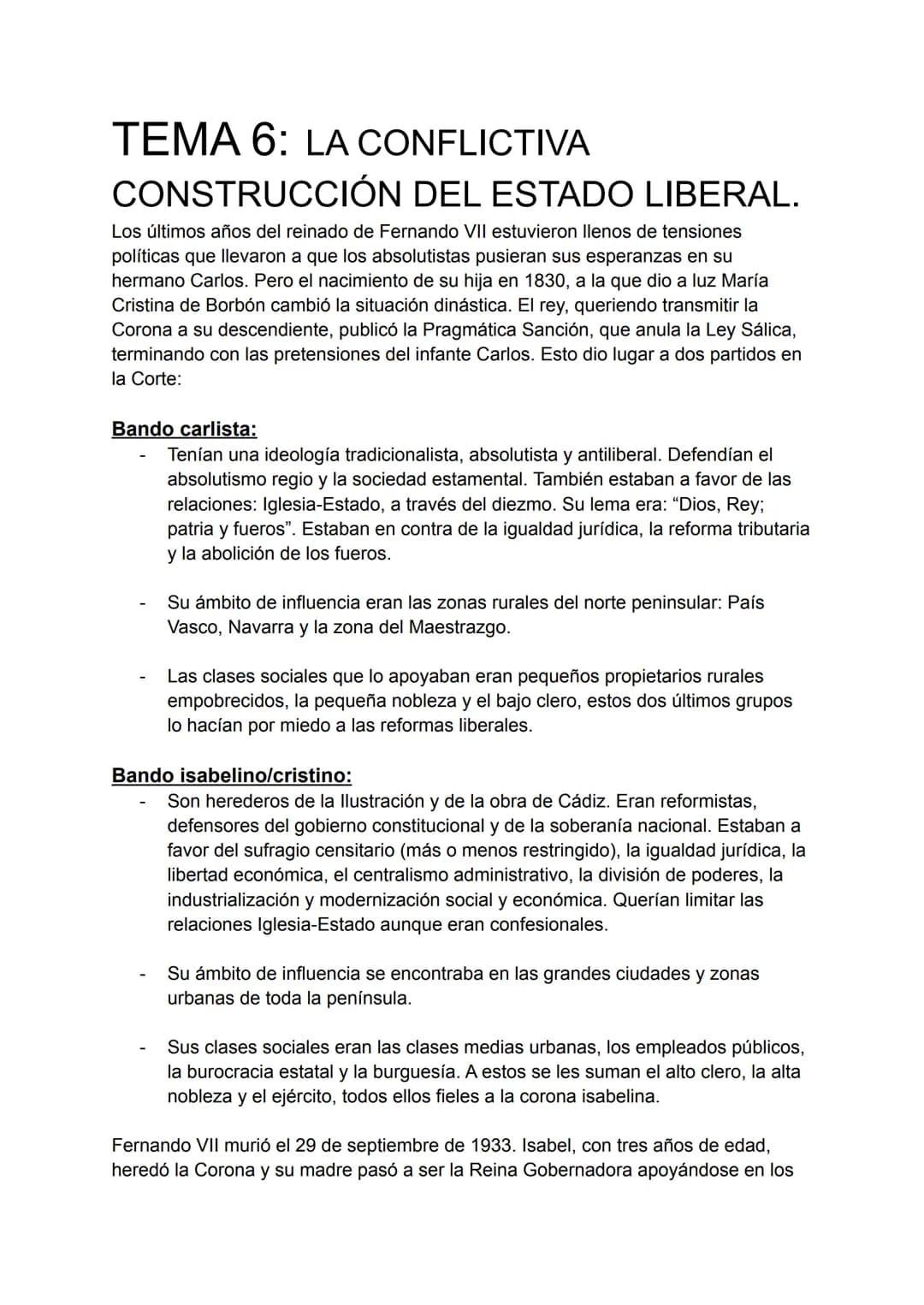 TEMA 6: LA CONFLICTIVA
CONSTRUCCIÓN DEL ESTADO LIBERAL.
Los últimos años del reinado de Fernando VII estuvieron llenos de tensiones
política