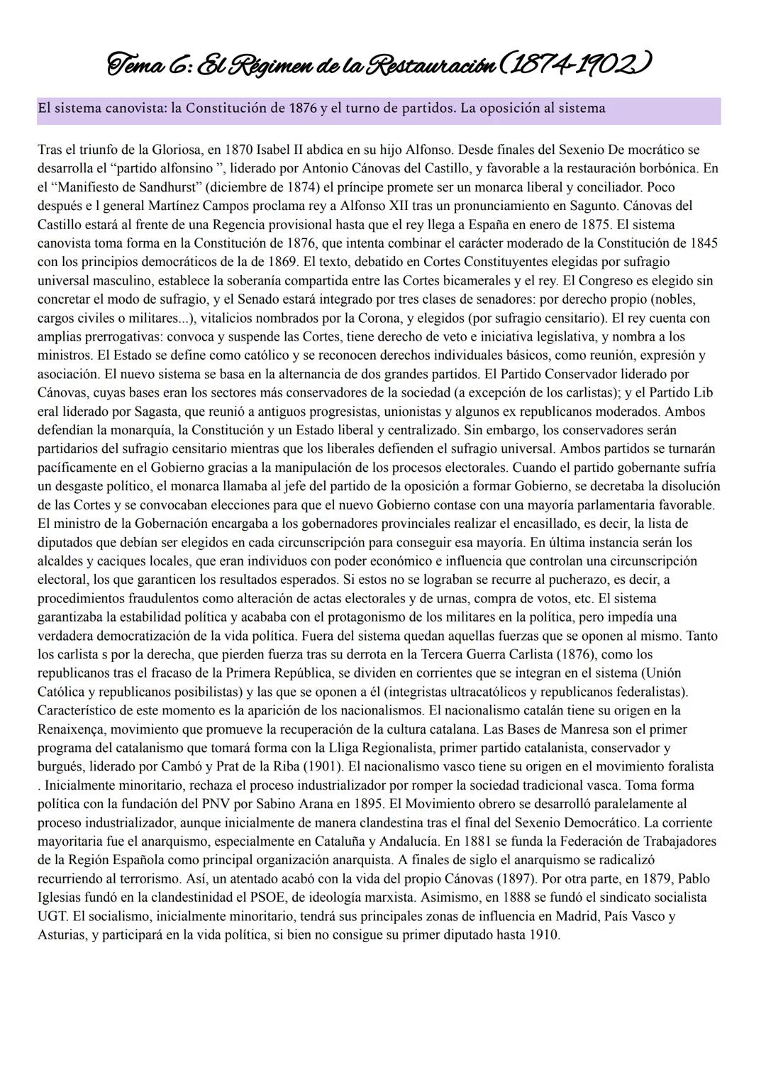 # Tema 6: El Régimen de la Restauración (1874-1902)

El sistema canovista: la Constitución de 1876 y el turno de partidos. La oposición al s