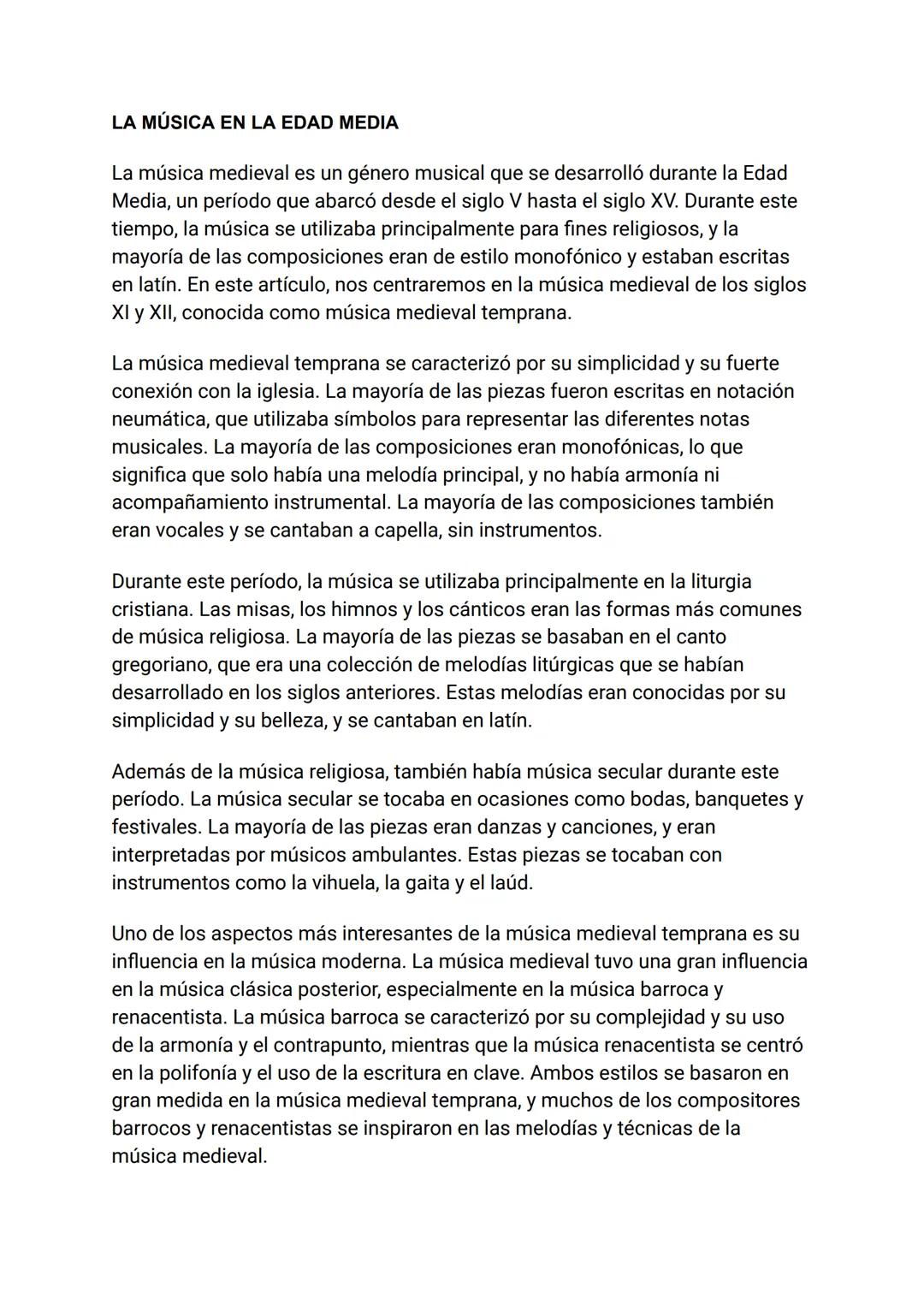 LA MÚSICA EN LA EDAD MEDIA
La música medieval es un género musical que se desarrolló durante la Edad
Media, un período que abarcó desde el s