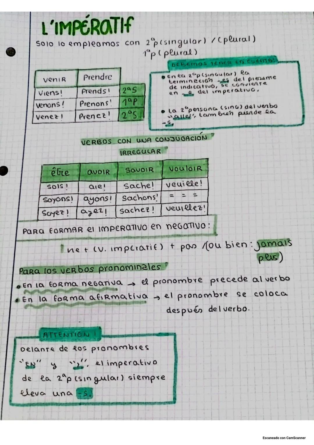L'IMPERATIF
Solo lo empleamos con 2 (singular) / (plural)
1°p (plural)
venir
Prendre
Viens!
Prends!
29S
venons! Prenons! 1°p
Venezi
Prenez! 