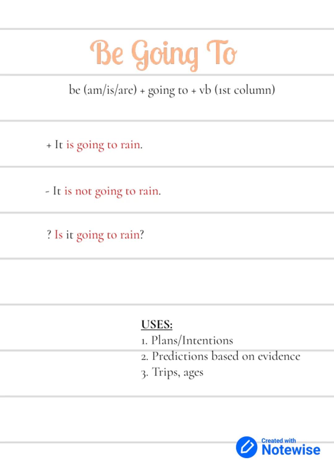 # Future Tenses

Created with
Notewise # Future Simple

Will + vb (1st column)

+ He will go to the beach with you.

- He won't/Will not go 