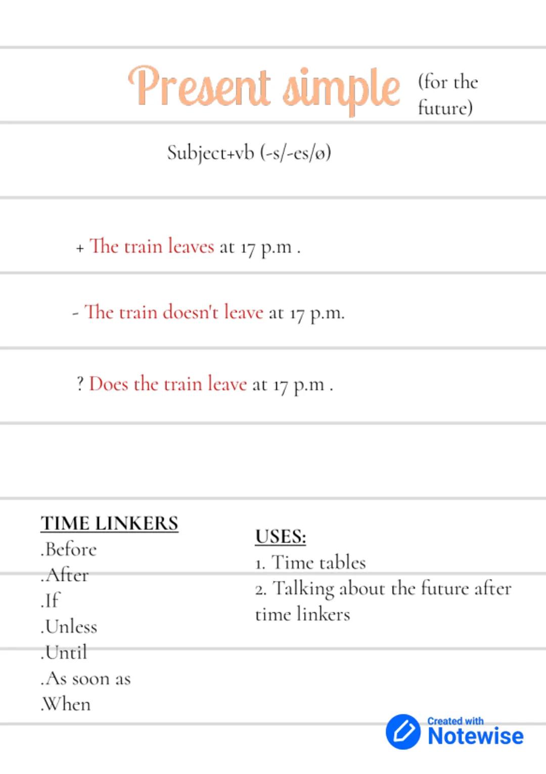 # Future Tenses

Created with
Notewise # Future Simple

Will + vb (1st column)

+ He will go to the beach with you.

- He won't/Will not go 