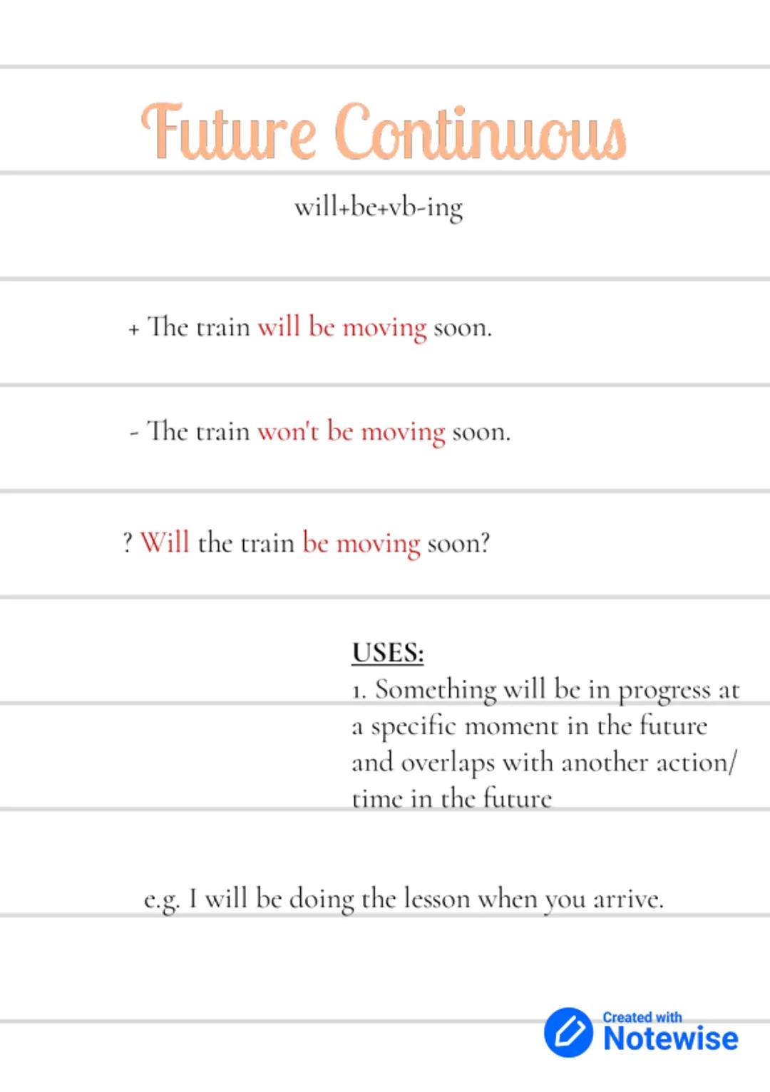 # Future Tenses

Created with
Notewise # Future Simple

Will + vb (1st column)

+ He will go to the beach with you.

- He won't/Will not go 