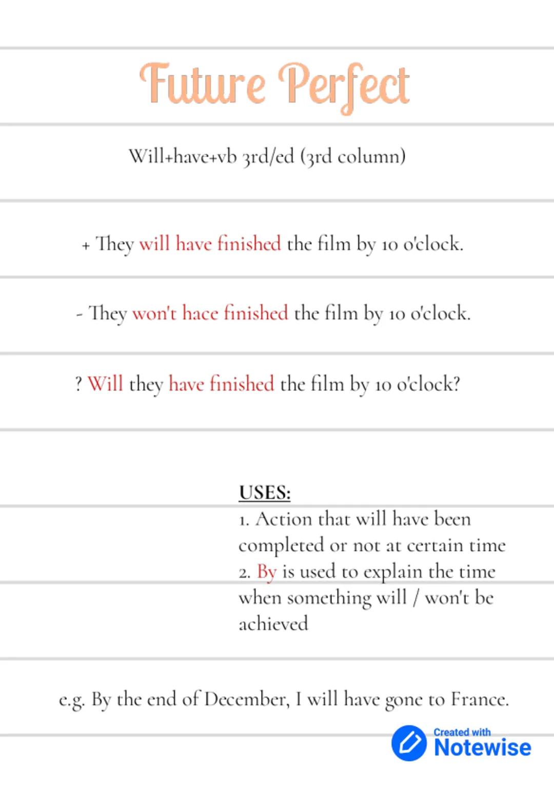 # Future Tenses

Created with
Notewise # Future Simple

Will + vb (1st column)

+ He will go to the beach with you.

- He won't/Will not go 