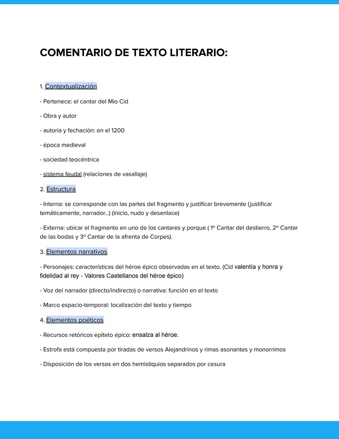Estructura Comentario de texto literario del Mio CiD