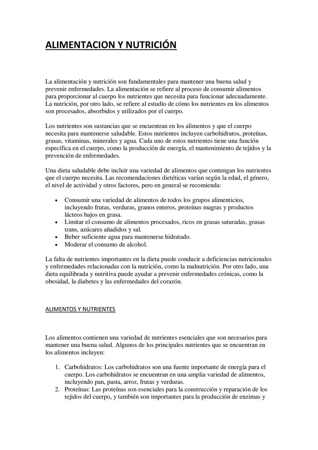 ALIMENTACION Y NUTRICIÓN
La alimentación y nutrición son fundamentales para mantener una buena salud y
prevenir enfermedades. La alimentació