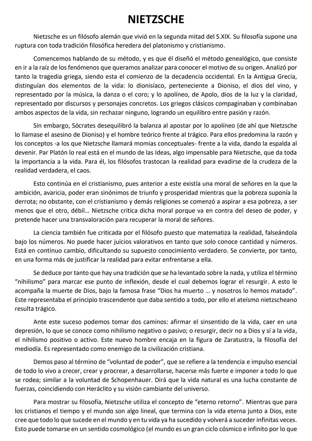 NIETZSCHE
Nietzsche es un filósofo alemán que vivió en la segunda mitad del S.XIX. Su filosofía supone una
ruptura con toda tradición filosó