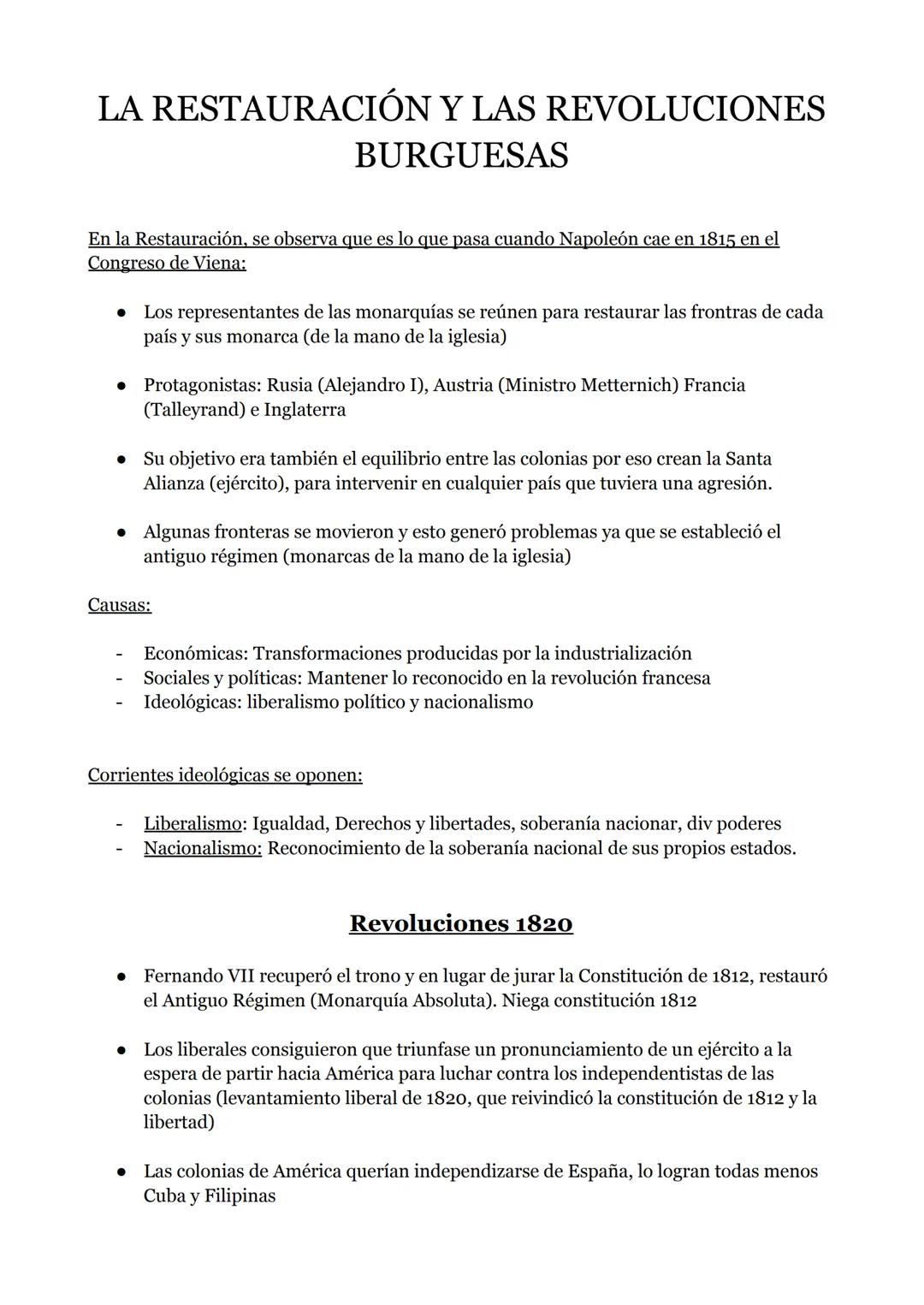 # LA RESTAURACIÓN Y LAS REVOLUCIONES
BURGUESAS

En la Restauración, se observa que es lo que pasa cuando Napoleón cae en 1815 en el
Congreso