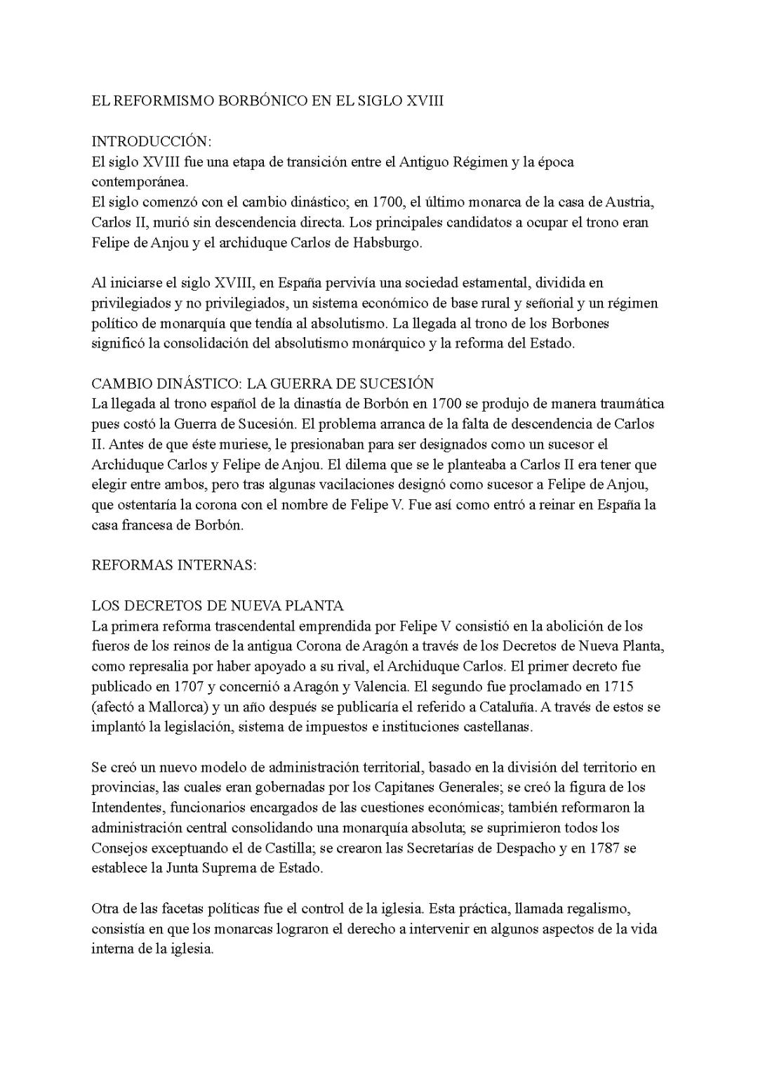 El Reformismo Borbónico Resumen Completo para EBAU