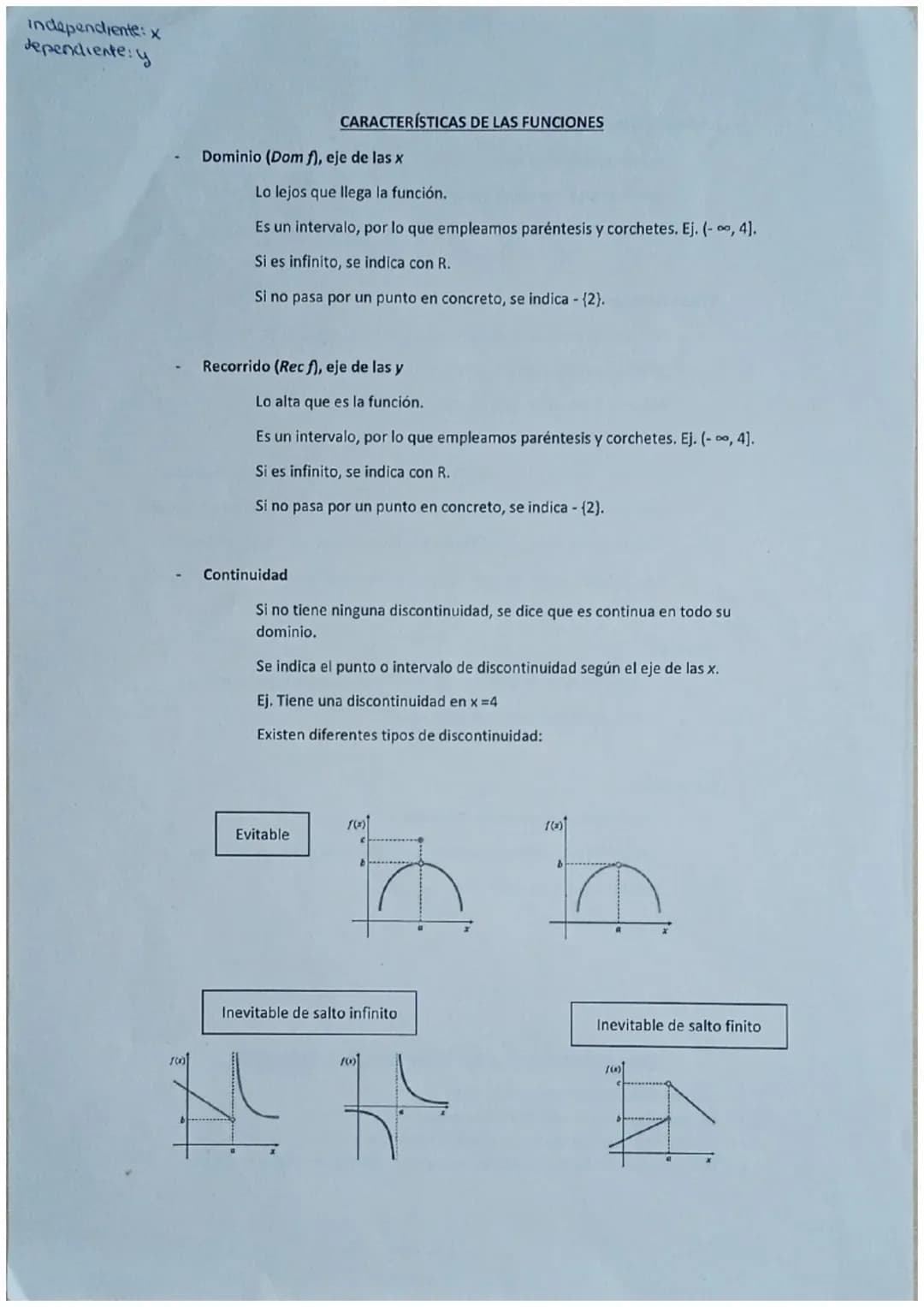 independiente: x
dependiente: y
Dominio (Dom f), eje de las x
CARACTERÍSTICAS DE LAS FUNCIONES
Lo lejos que llega la función.
Es un interval
