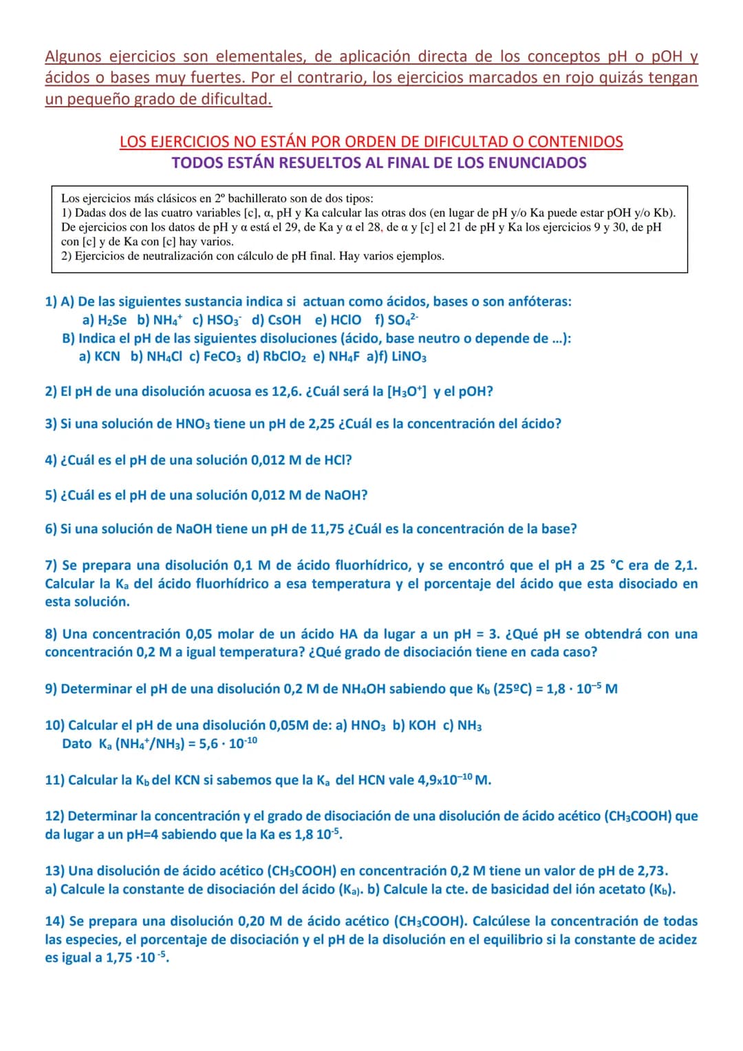 Algunos ejercicios son elementales, de aplicación directa de los conceptos pH o pOH y
ácidos o bases muy fuertes. Por el contrario, los ejer