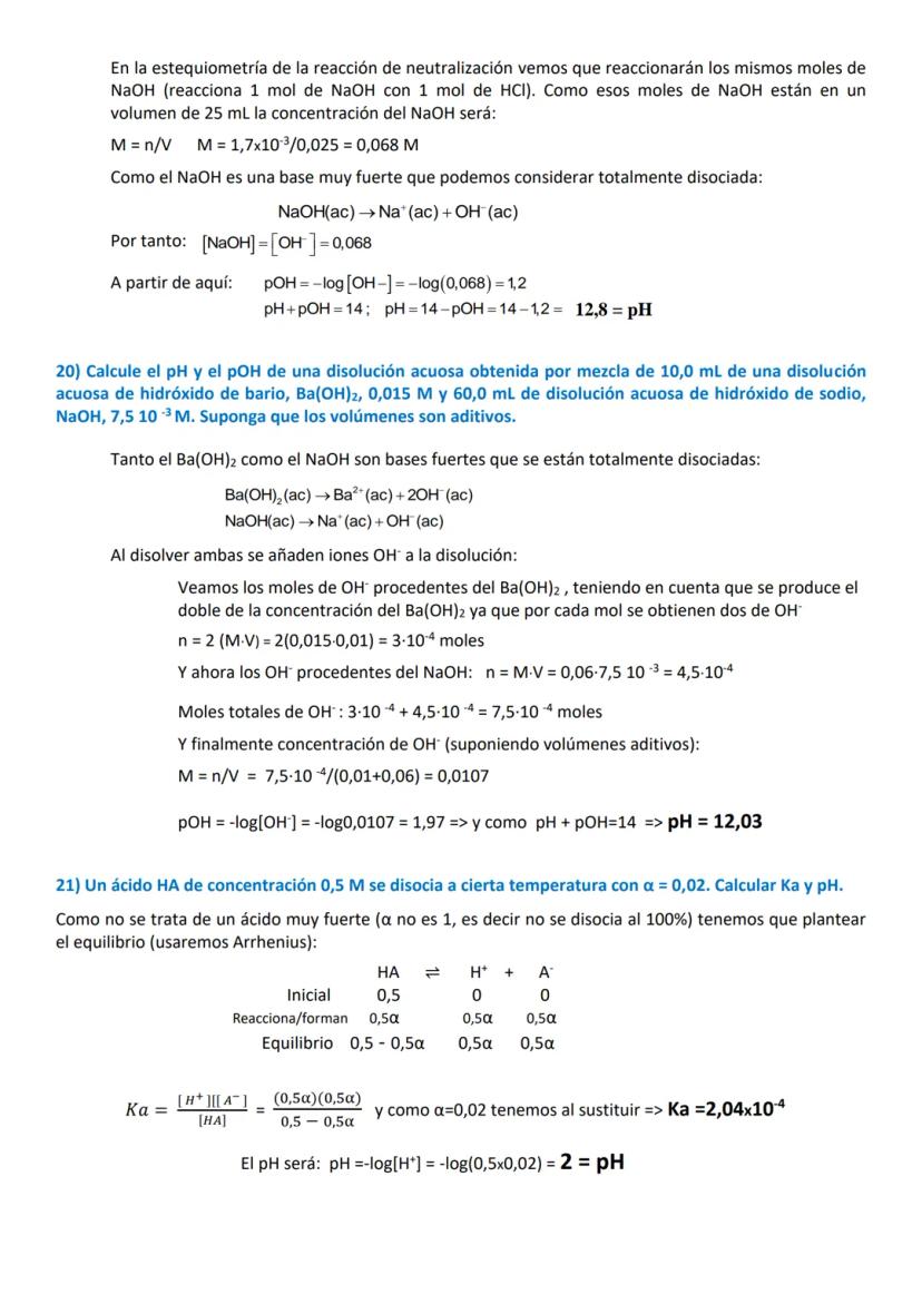 Algunos ejercicios son elementales, de aplicación directa de los conceptos pH o pOH y
ácidos o bases muy fuertes. Por el contrario, los ejer