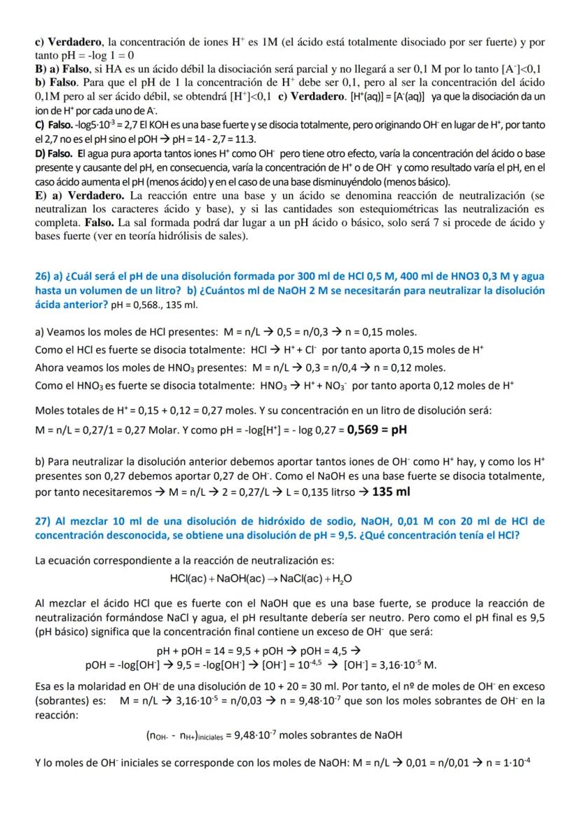 Algunos ejercicios son elementales, de aplicación directa de los conceptos pH o pOH y
ácidos o bases muy fuertes. Por el contrario, los ejer