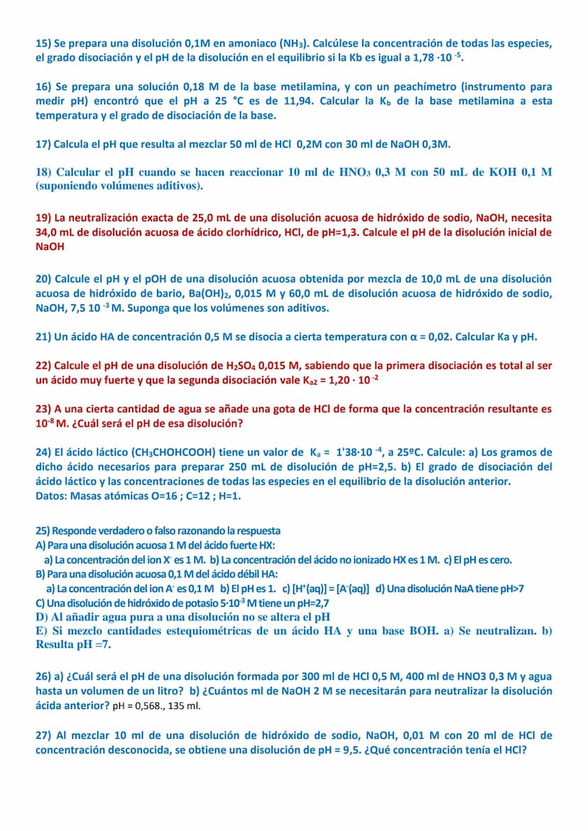 Algunos ejercicios son elementales, de aplicación directa de los conceptos pH o pOH y
ácidos o bases muy fuertes. Por el contrario, los ejer