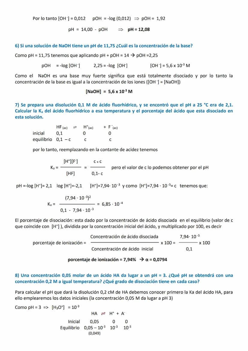 Algunos ejercicios son elementales, de aplicación directa de los conceptos pH o pOH y
ácidos o bases muy fuertes. Por el contrario, los ejer