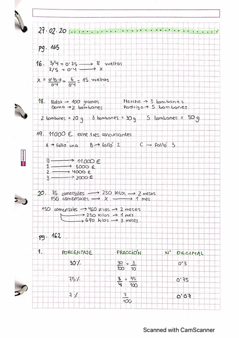 18.2.20
Porcentajes
pg.
161
2. a) 30% de 100 = 30
30% de 200 = 60
30% de 300 = 90
c) 40% de 100 = 40
40% de 50 = 20
40% de 25 = 10
2
3. a) 7