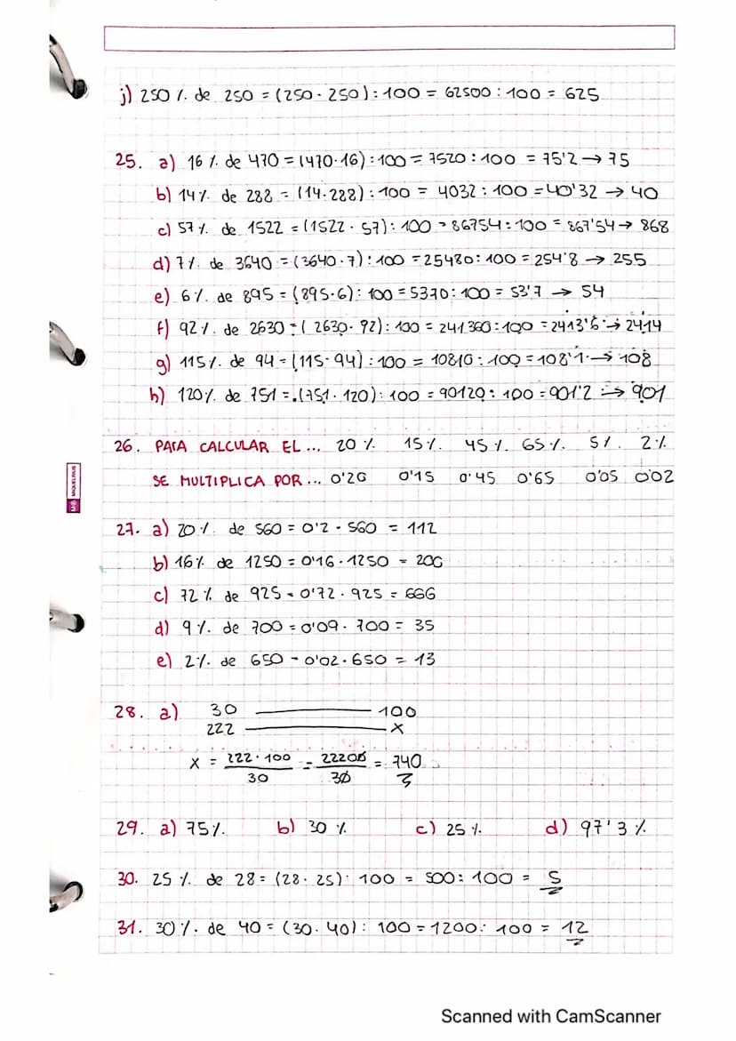 18.2.20
Porcentajes
pg.
161
2. a) 30% de 100 = 30
30% de 200 = 60
30% de 300 = 90
c) 40% de 100 = 40
40% de 50 = 20
40% de 25 = 10
2
3. a) 7
